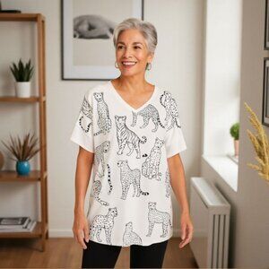 Anthropologie Jane + Delancey 1X Wildcat Print Boho Oversized V-Neck Tunic Top